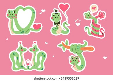 Set cartoon sticker character Valentines day snake hand drawn