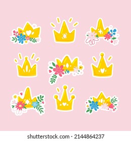 Set of cartoon sticker crowns on pink background.Colorful cute badges of princess gold crowns with leaves and flowers.Vector flat illustration.