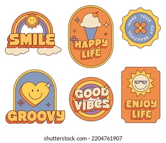 set of cartoon sticker pack with psychedelic retro 70s hippie funky vintage funny style. flower, rainbow, groovy, 1970, smile, enjoy life, ice cream, love