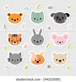 Set of cartoon stickers with animals for kids. Sweet smiley faces. Cute hand drawn characters with design elements. Vector illustration