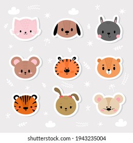 Set of cartoon stickers with animals for kids. Cute hand drawn characters. Sweet smiley faces. Vector illustration