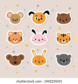 Set of cartoon stickers with animals for kids. Cute hand drawn characters. Sweet smiley faces. Background for children. Vector illustration