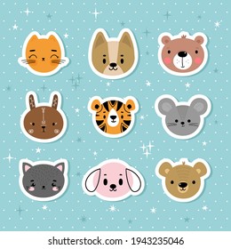 Set of cartoon stickers with animals for kids. Sweet smiley faces. Cute hand drawn characters on blue background. Vector illustration