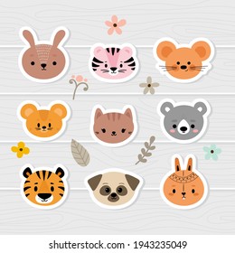 Set of cartoon stickers with animals for kids. Cute hand drawn characters. Sweet baby faces. Vector illustration