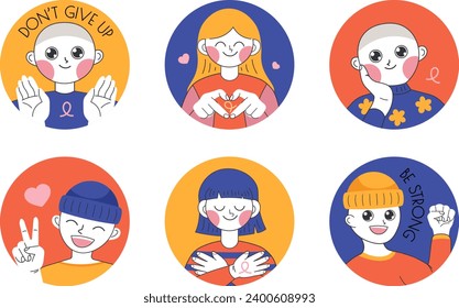 Set of cartoon stickers, avatars, icons with happy characters of cancer patients. Childhood cancer, breast cancer, character with bald head and hat. 4 February. Vector illustration