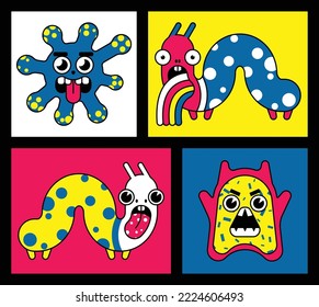 Set of cartoon stickers with bacteria. Funny cartoon characters: psychedelic bacteria, microbes, viruses in a collection. Cute trippy characters that look like little monsters. Vector illustration.
