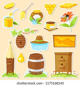 Set of cartoon stickers of beekeeping on yellow background.