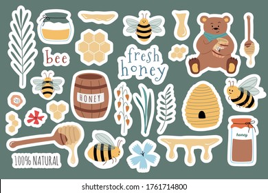 Set of cartoon stickers: bees, fresh honey, jars, honey spoon, flowers, bear, honeycomb. Useful for design of organic product, flyers, backgrounds. Hand drawn vector illustration. Isolated 