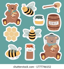 Set of cartoon stickers: bees, fresh honey, jars, honey spoon, bear, honeycomb. Useful for design of organic product, flyers, backgrounds. Hand drawn vector illustration. Isolated on background.