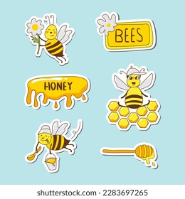 Set  cartoon stickers: bees  fresh honey  inscriptions  spoon for honey  honeycombs Vector illustration  Isolated