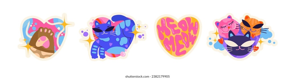 Set of cartoon stickers with cats meow in retro groovy 90s style. Cute animal kittens hand drawn doodles. Pets characters