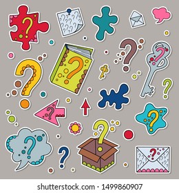 Set of Cartoon Stickers Colored Question Marks. Kit of Different Design Elements Isolated Patches of Childish Symbols.