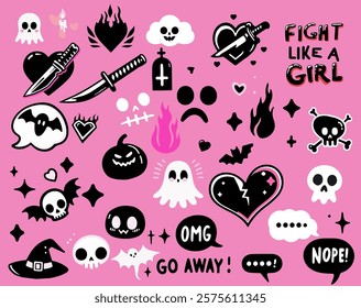 Set of cartoon stickers with funny comic illustrations of hearts and skulls in doodling style.