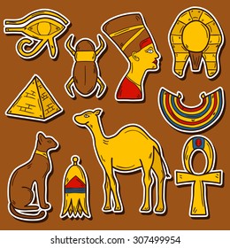 Set of cartoon stickers in hand drawn style on Egypt theme: pharaoh, Nefertiti, camel, pyramid, scarab, cat, eye. Africa travel concept for your design