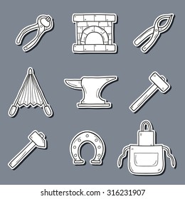 Set of cartoon stickers in hand drawn style on blacksmith theme: horseshoe, sledgehammer, vise, oven for your design