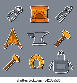 Set of cartoon stickers in hand drawn style on blacksmith theme: horseshoe, sledgehammer, vise, oven for your design