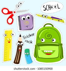A set of cartoon stickers with school supplies. Vector illustration of a backpack, scissors, notebook, pencil, pen, ruler. Design of funny monsters characters.