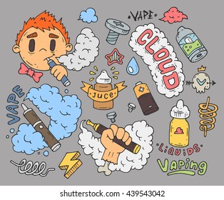 A set cartoon stickers for vapers  Comic doodles  Cartoon badges for vaping 