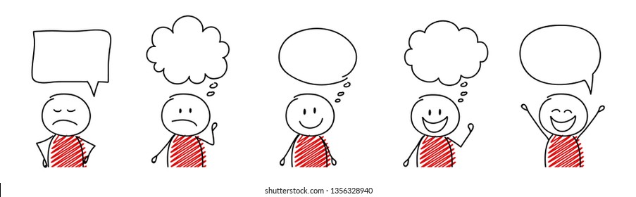 Set of cartoon stickmen with empty speech bubbles. Vector