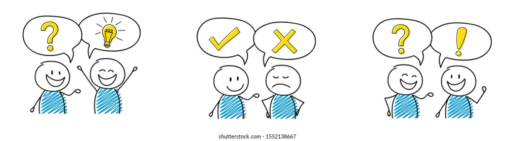 Set of cartoon stickmen with speech bubbles with business icons. Vector