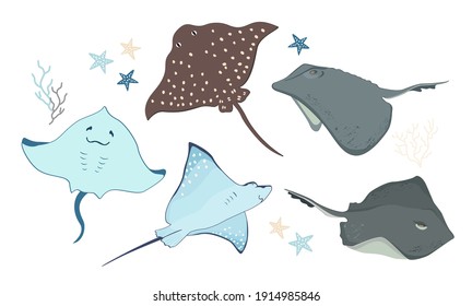 Set of cartoon stingrays illustration