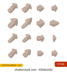 Set of cartoon stone arrow, stone buttons in gray colors, arrow icon isolated on white background