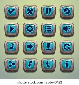Set of cartoon stone buttons with blue middle