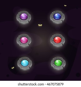 Set of cartoon stone buttons with colors gem middle.Vector gui assets collection for game design.