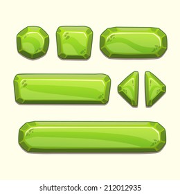 Set of cartoon stone buttons in green colors, vector ui elements