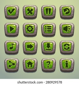 Set of cartoon stone buttons with green middle