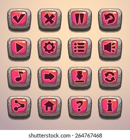 Set of cartoon stone buttons with pink middle