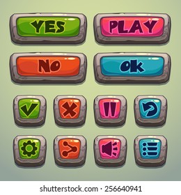 Set of cartoon stone buttons, vector gui elements