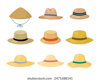 Set of Cartoon straw hats set collection, summer beach or farmer vintage headwear. Gardener or farm agricultural workers straw hats, head accessory summer straw hat sign, vector illustration.