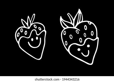 Set of cartoon strawberries in chocolate, with a smiling cute faces. Hand-drawn doodles of a vector illustration, white outlines isolated on a black background. For concept of love, Valentine's Day.