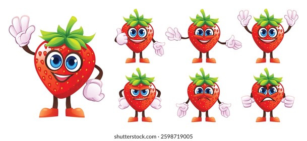 Set of cartoon strawberry characters with different facial expressions and hand gestures. Vector illustration