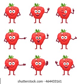 Set of cartoon strawberry characters showing different hand gestures. Cheerful strawberry showing thumb up, greeting, pointing, stop sign, victory and other hand gestures. Simple vector illustration