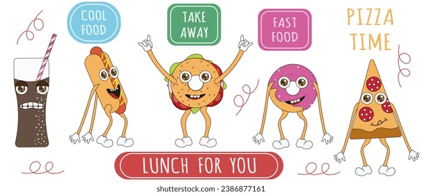 Set cartoon Street fast Food mascot isolated on transparent background. Funky takeaway food icons on white in trendy retro Groovy style. Y2K snack Characters. Vector illustration.
