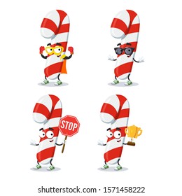 set of cartoon striped christmas candy cane character mascot on white background