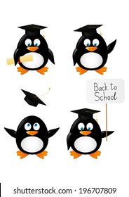 Set of cartoon student penguins