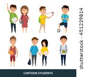 Set of cartoon students. Collection of pupils isolated on the white background. Vector illustration.