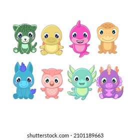 A set of cartoon stuffed animal characters. Vector hand drawn illustrations of stuffed toys