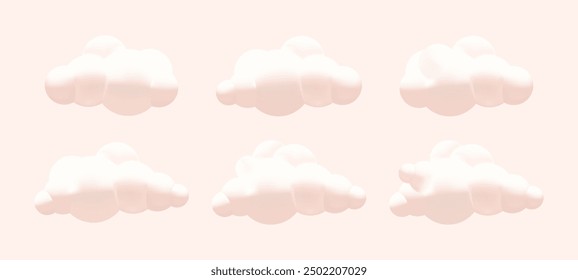Un conjunto de nubes de Vector 3D de estilo de dibujos animados. Suaves nubes esponjosas de dibujos animados redondos en forma de burbuja en el cielo se burlan. Vector
