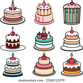 Set of Cartoon Style Birthday Cake Illustration, Flat Front Design Tart Icons Collection