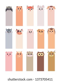 Set in cartoon style bookmark template for children's books with animals: raccoon bear Fox hare sheep wolf cow cat dog hedgehog pig horse hamster juice deer. Vector illustration.
