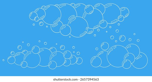 Conjunto de burbujas de estilo de dibujos animados. Burbujas de jabón de Vector dibujadas a mano con destellos sobre fondo azul. Efecto limpio de agua y refrescos. Ilustración de boceto de contorno para conceptos de frescura e higiene.
