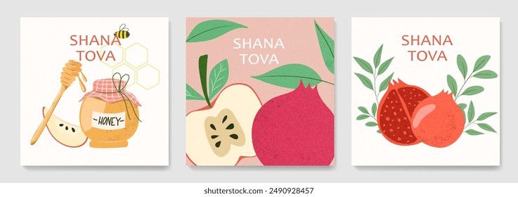 Set of cartoon style cards for Rosh Hashanah holiday. Jewish New Year poster templates with chalk, pomegranates, apples and leaves.