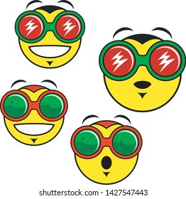 Set of cartoon style circular shaped smiling and surprised faces in traditional Jamaican colors, isolated on white background