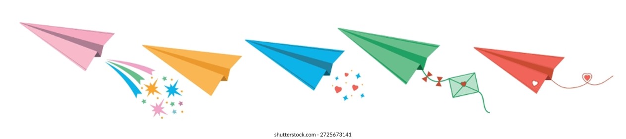 Un conjunto de aviones de papel de color de estilo de dibujos animados aislados