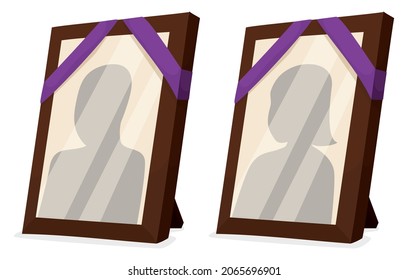 Im Cartoon-Stil mit einigen trauernden Porträts, die mit violetten Bändern und Silhouetten von Frau und Mann geschmückt sind.