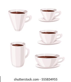 Set of Cartoon Style Cup. Vector Illustration Liquid Chocolate. Hand Drawn Caffeine Drinks. Hot and Fresh Black Coffee, Espresso, Mocha, Latte